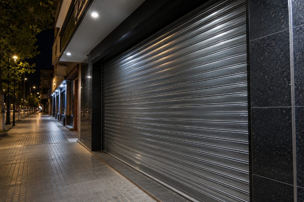 Cierre metálico cerrado protegiendo un comercio de noche en Torredembarra